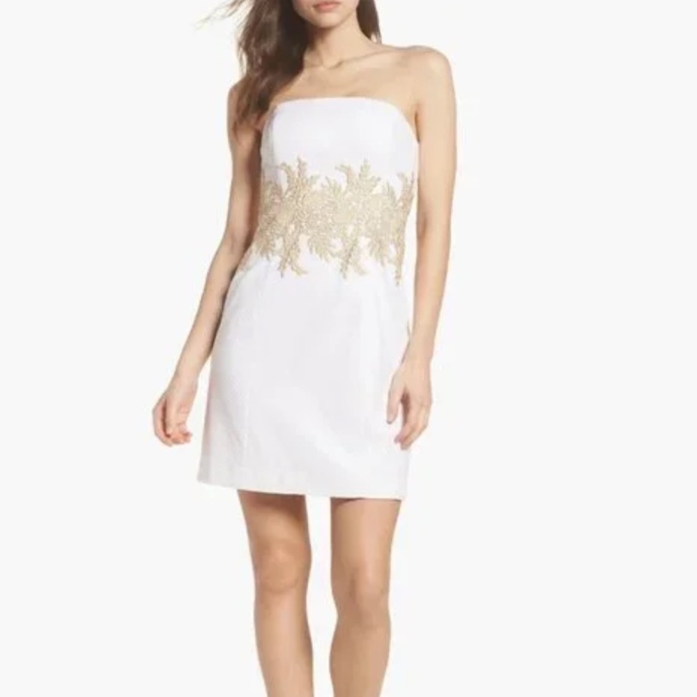 Lilly Pulitzer White Strapless Dress with Gold Embroidery